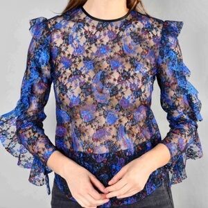 SANDRO PARIS Blue black red Floral Lace Blouse size 1 (Small)